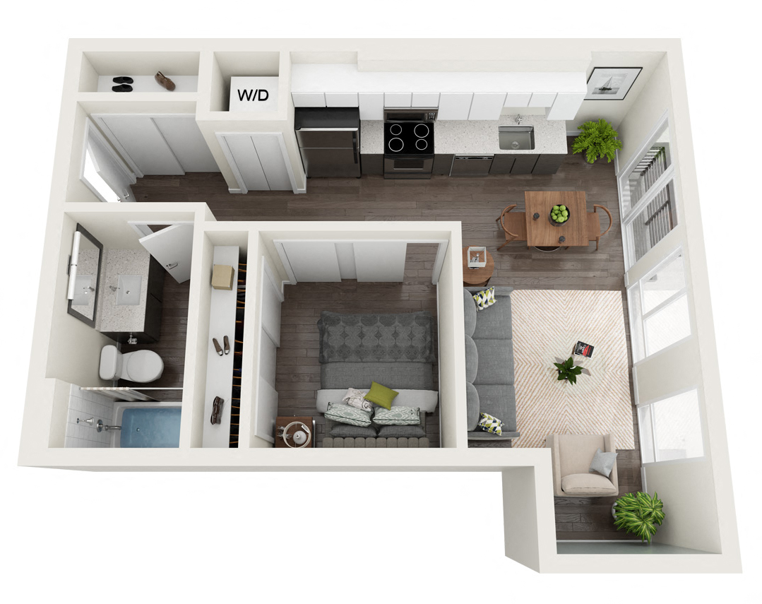 Floor plan for 1 bed, 1 bath, 493 sqft